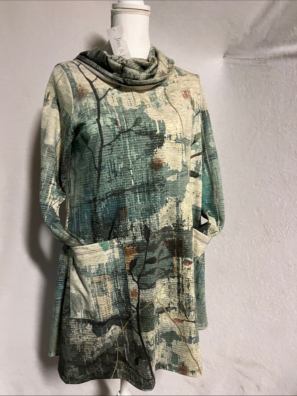 Cowl Neck shift dress in Green Abstract Print or plus sz tunic